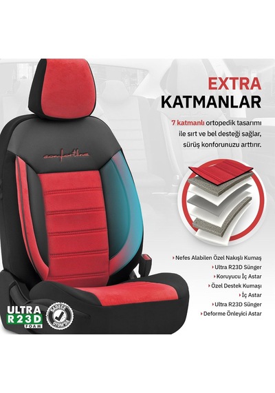 Comfortline Design Tay Tüyü Süet Oto Koltuk Kılıfı Ekstra Destekli Tam Set Premium Kırmızı