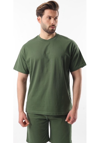 Madmext Haki Overfit Baskılı Erkek Şort T-shirt Takım E7302 Haki