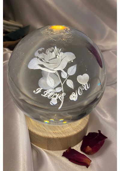 3d Led Işık Cam Küre Tek Renk Ahşap Gül I Love You Büyük Boy 10 Cm