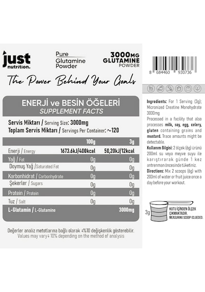 Just Nutrition L-glutamine 360 Gr Glutamin 120 Servis + Shaker + Protein Kahve Hediyeli Aromasız