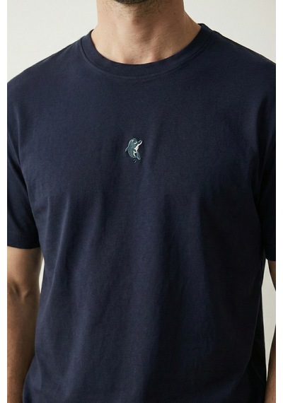 Elemge Pamuk Compact Penye Süprem Yunus Nakışlı Trend Fit Erkek Tok Kumaş T-shirt Rahat Kesim Lacivert 2XL