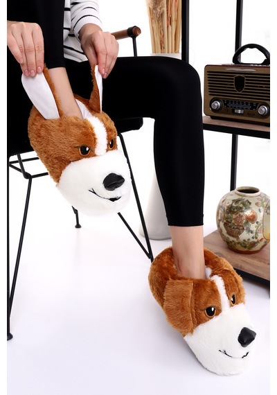 Wordex Hayvanlı H10 Köpekli Kışlık Kadın Erkek Çocuk Panduf Ev Içi Sessiz Taban Panduf Taba