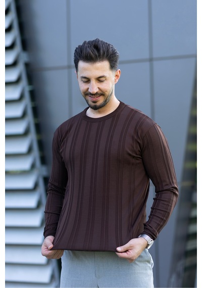 Hk Premium Kazak Fitilli Bisiklet Yaka Slim Fit Triko Kahverengi