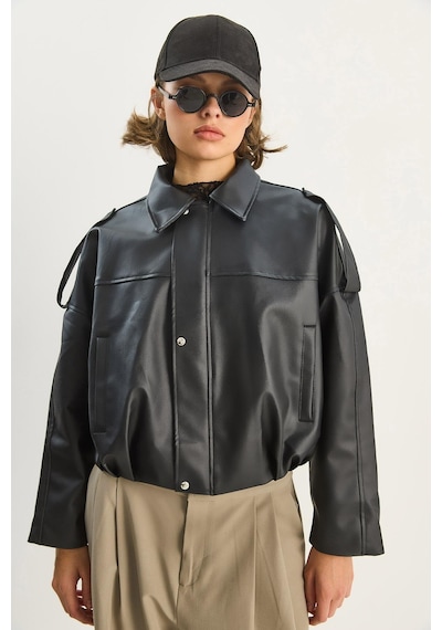 Shade Kadın Apolet Detaylı Cepli Oversize Suni Deri Bomber Ceket 1055 60283650 - Siyah