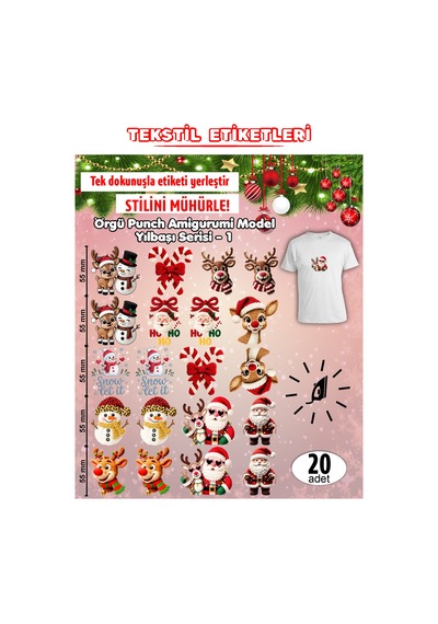 Ütü İle Yapışan Kıyafet Etiketi Örgü Punch Amigurumi Model Yılbaşı Serisi - 1 Karışık
