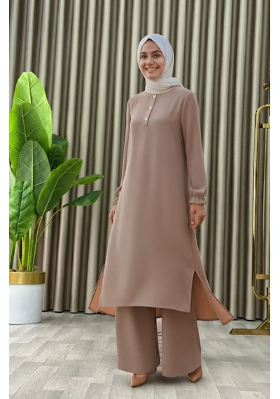 Mismoly Tesettür İkili Takım Uzun Tunik Bol Paça Pantolon 4006-bej Bej