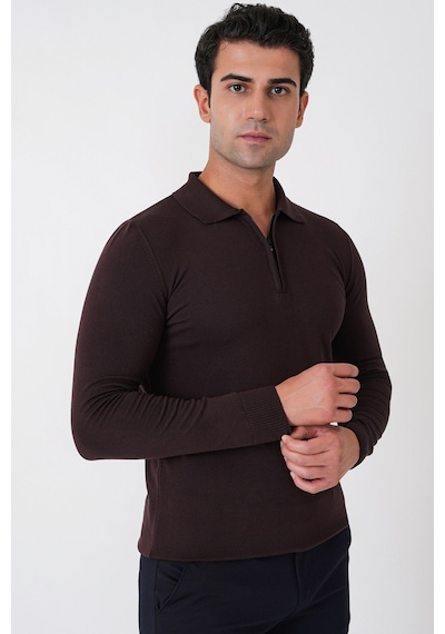 Slim Fit Esnek Pamuklu Fermuarlı Polo Yaka Kahverengi Triko Tr 902