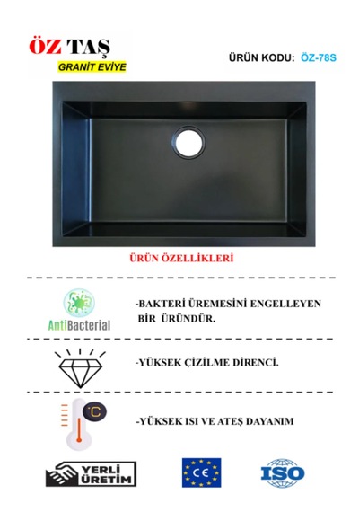 Öztaş ÖZ-78s Granit Mutfak Eviye Siyah Tek Gözlü 50 x 78 CM