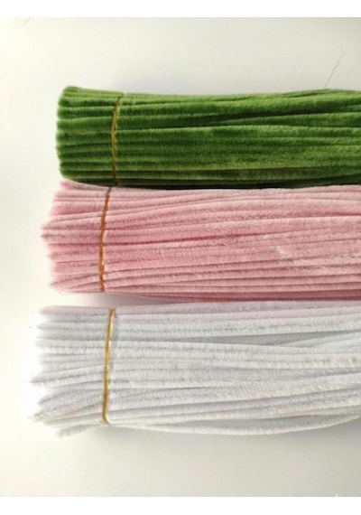 3'lü Set Pastel Pembe 50 , Beyaz 25 , Ordu Yeşili 25 Şönil , Çiçek Yapımına Uygun Tüylü Tel