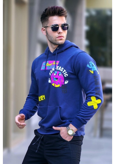 Madmext Lacivert Baskılı Kapüşonlu Sweatshirt 5896 Lacivert