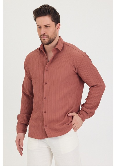 Tarz Cool Erkek Kendinden Çizgi Detaylı Slim Fit Dar Kalıp Uzun Kol Gömlek Gülkurusu