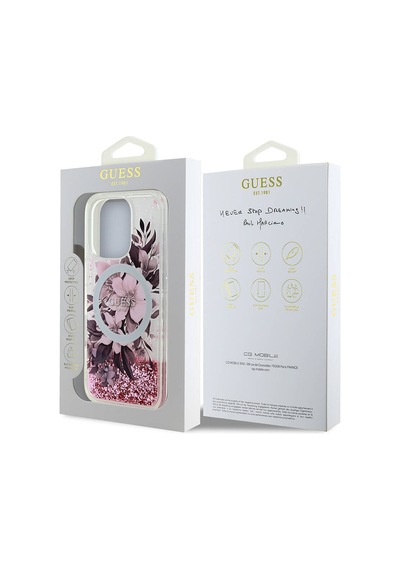 Apple iPhone 16 Pro Max Uyumlu Kılıf Guess Lisans Magsafe Özellik Sıvılı Simli Çiçek Desenli Pembe