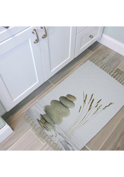 Banyo Halısı Dijital Baskılı Banyo Paspası 50x80 Polyester Kaymaz Tabanlı Duş Paspası Stone And Reed Beyaz - Siyah