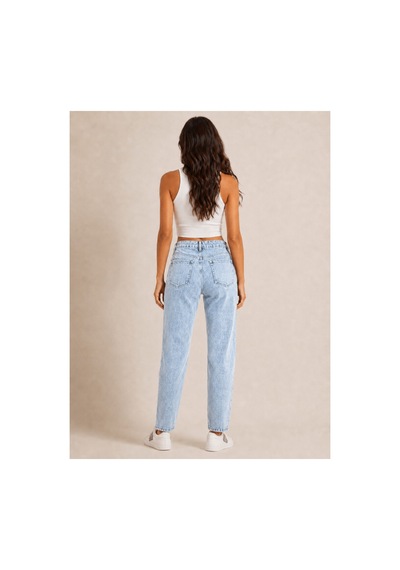 Kene Jeans Yüksek Bel Diz Lazer Yırtık Taş Yıkama Mom Jeans Pantolon Taş Yıkama
