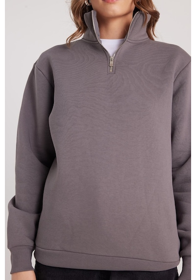 Tudors Kadın Relax Fit Rahat Kesim Pamuklu İçi Polarlı Yarım Fermuarlı Gri Dik Yaka Sweatshirt-37894 Gri