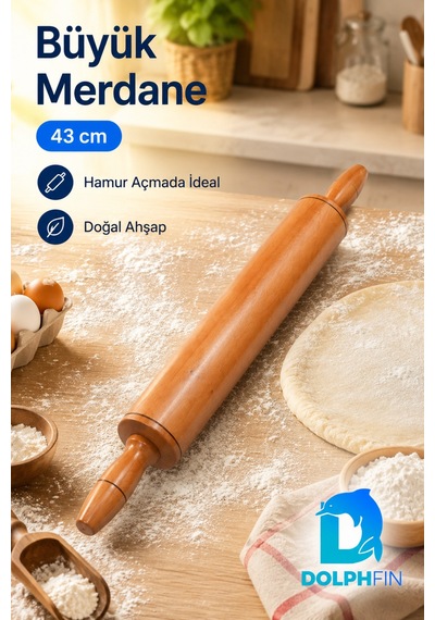 Büyük Boy Ahşap Merdane 43 Cm Çift Saplı Hamur Açma Oklavası
