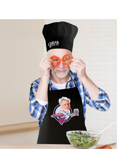 Kişiye Özel Erkek Chef Karikatürlü Siyah Mutfak Önlüğü Aşçı Şapkası (436202780)