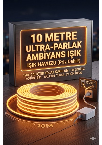 10 Metre Amber 220v Neon Led Şerit ,tak Çalıştır Set, Fişli Anahtarlı Esnek Şerit Led, ,turuncu Led,mutfak,tezgah Ledi,led Şerit Işık ,ambiyans Işık Havuzu, Kendinden Yapışkanlı,kehribar Led