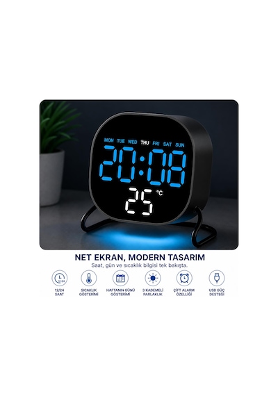 Valkyrie Dijital Led Siyah Masa Saati Alarm Beyaz Derece 3 Kademe Işık, Usb Destekli Modern Gece Lambalı Saat