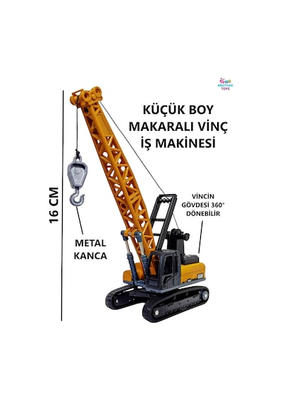 Vinç Sarılır Makaralı Metal Kancalı İpli Oyuncak İş Makinesi Paletli İş Makinası 16 Cm.