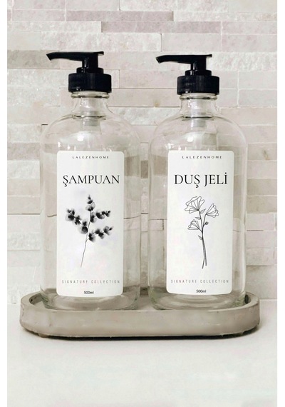Lalezen Home Standlı Şampuan Ve Duşjeli Etiketli Şeffaf Plastik 500 Ml Şişe