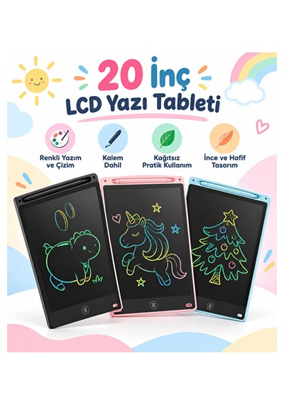 20 İnç Lcd Yazı Ve Çizim Tableti Renkli Ekranlı Tek Tuşla Silme Kalemli Çocuk Not Ve