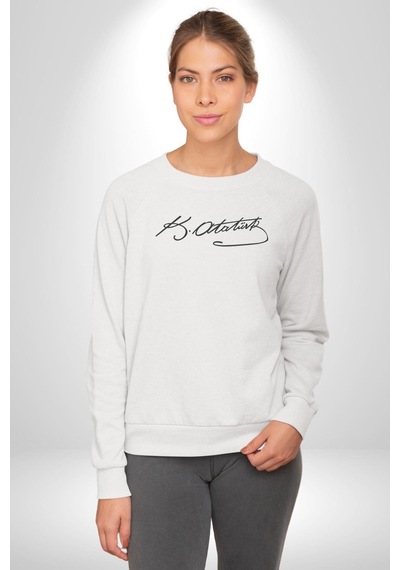 Kemal Atatürk İmzası Unisex Beyaz Baskılı Sweatshirt Beyaz