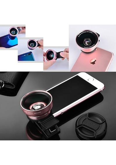 2 Si 1 Arada Klipsli Telefon Kamera Lensi 0.45x Ultra Geniş Açı 10x Makro 37mm Evrensel 49mm Uv Port Rose Gold Rose Gold