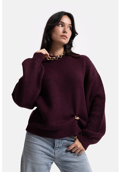 Kadın Bordo W6-57 Oversize Aksesuar Detaylı Tasarım Triko Kazak