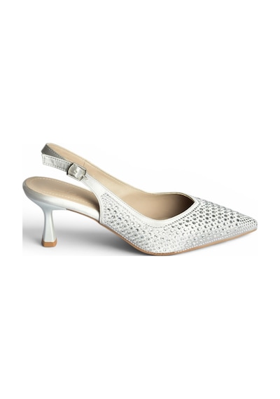 Fox Shoes Y676198104 Gümüş Kumaş Taşlı Alçak Topuklu Kadın Abiye Ayakkabı