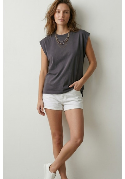 Elemge %100 Pamuk Süprem Tok Kumaş Kadın Oversize Antrasit T-shirt Geniş Omuzlu Dökümlü Kolsuz Bol Kalıp