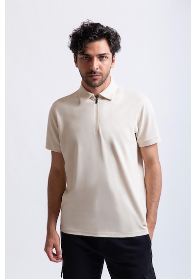 Premium Polo Yaka Fermuarlı Tişört Krem