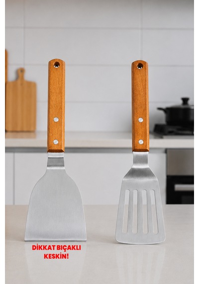2 Adet Japon Spatula Seti - Delikli Ve Bıçaklı - Profesyonel 304 Kalite - Ahşap Akasya Saplı - Dekoratif Paslanmaz Çelik