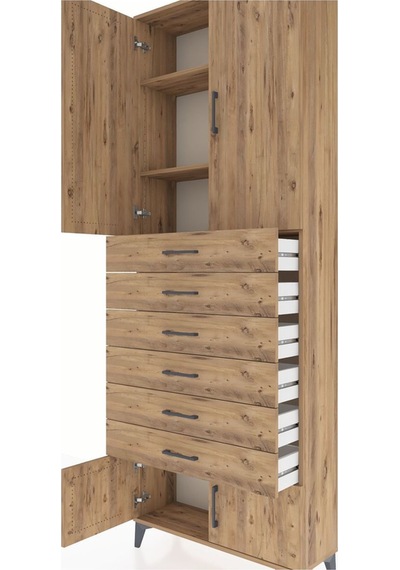 Arges Dolap 3 Raflı 6 Çekmeceli 4 Kapaklı 88x30x243 Çam-çam Çam