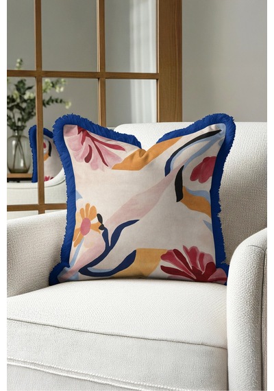 Soyut Çiçek Desenli Floral Saçaklı Yastık Kılıfı-sanatsal Boho Krem Lacivert Püsküllü Kırlent Kılıfı Haki