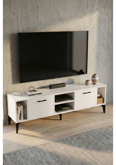 Tv Sehpası 160 Cm Modern Çok Amaçlı Dolaplı Raflı Televizyon Ünitesi Linya Beyaz