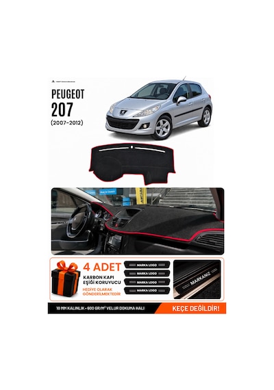 Peugeot 207 2007-2012 Uyumlu Torpido Örtüsü, Torpido Kılıfı - Siyah-kırmızı - Pe005