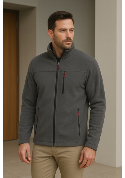 Luxıc Core Erkek Koyu Gri Fermuarlı Polar Dik Yaka, Cepli, Günlük & Outdoor Kullanım