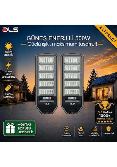 2'li Paket Dls 500w Güneş Enerjili Solar Sokak Lambası Hareket Sensörlü Led Bahçe Aydınlatması