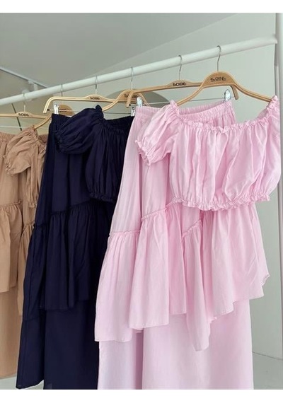 Amorluxe Büzgülü Crop Kat Detaylı Fırfır Etekli Takım 10196 Pembe