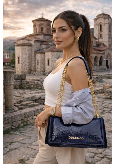 Dukidaso Mavi Rugan Zincir Detaylı Kadın Omuz Çantası Mavi Mt1451