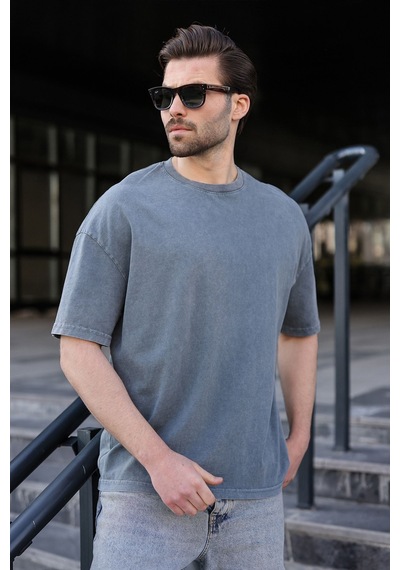 Madmext Gri %100 Pamuklu Oversize Erkek Tişört E7178 Gri