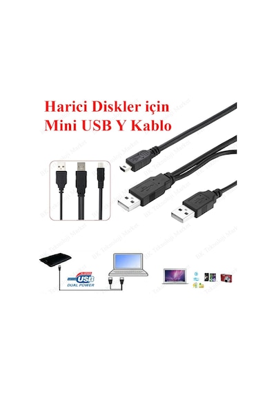 Taşınabilir Diskler Için Usb Y Kablosu 2 Usb - Mini Usb 5-Pin