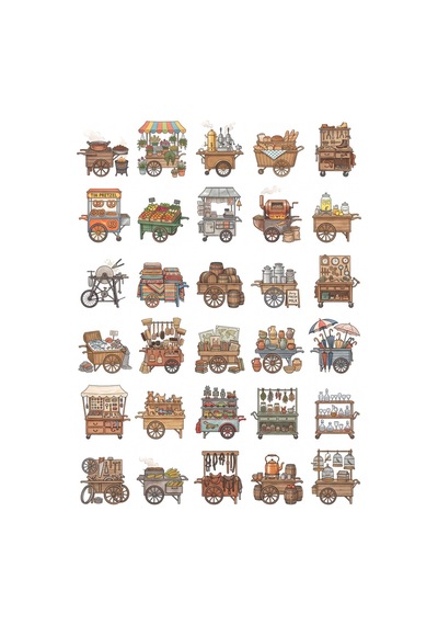30 Adet Nostaljik Seyyar Satıcı Sticker Seti - Ajanda, Laptop Ve Defter İçin Çok Renkli