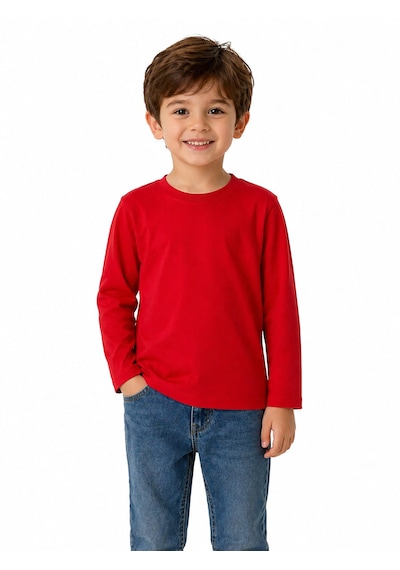 Bebeman Kırmızı Çocuk Uzun Kollu T-shirt Kız - Erkek Unisex %100 Pamuk