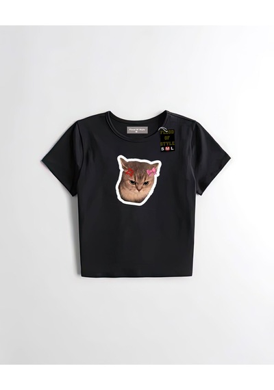 Flood Of Style Siyah Babby Tee Tatlı Kızgın Kedi Özel Tasarım