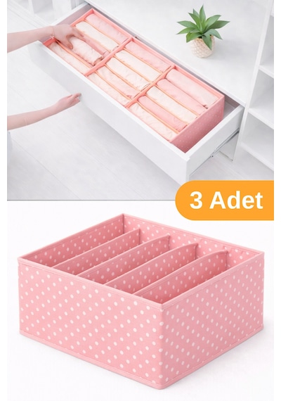 Serstil 3 Adet - 5 Bölmeli Dolap Ve Çekmece Içi Düzenleyici Saklama Kutusu Organizer - Pembe Benekli Pembe Puantiye