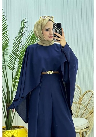 Neşeli Butik Kadın Pelerinli Kemer Detaylı Tesettür Tulum Nms061 Saks