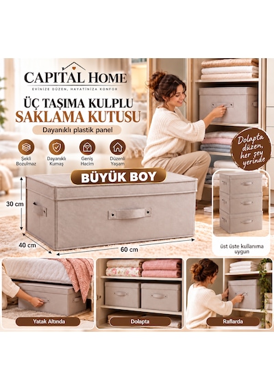 Capital Home Çok Amaçlı Düzenleyici Hurç + Saklama Kutusu +kapaklı Büyük Boy 60 X 40 X 30 Cm Cappuccino