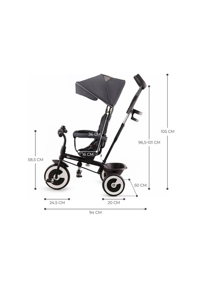 Aston 5 İ 1 Arada Üç Tekerlekli Bisiklet, 9 Ay+, Geriye Dönebilen Koltuk, Aksesuar Dahil Gri